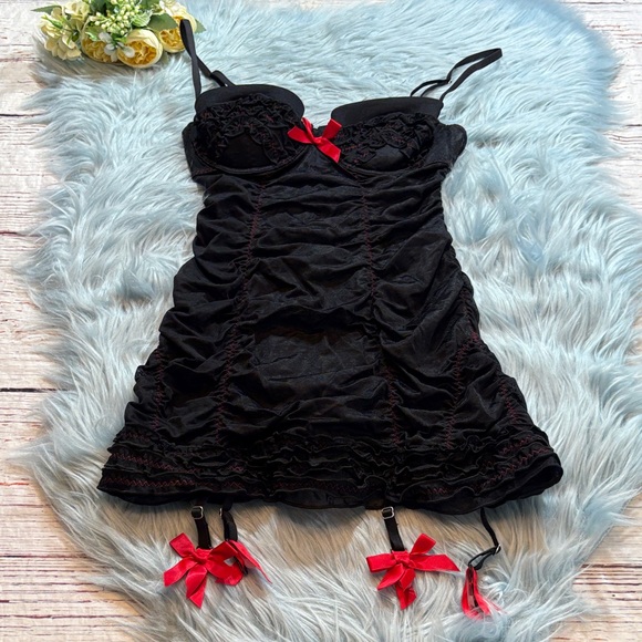 Victorias Secret Sexy Little Thing Black Red Babydoll Slip Sz 34B - Picture 1 of 9